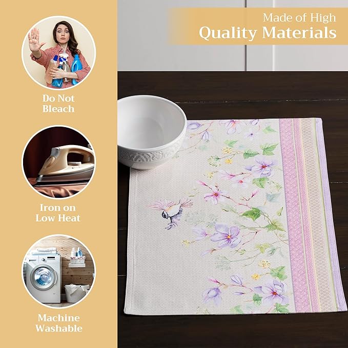 Maison d' Hermine Placemats Set of 4 100% Cotton Washable Cloth Place Mats, Reusable Table Mats for Kitchen Dining Decoration, Party, Wedding, Restaurant Spring/Summer (Magnolia Mornings, 13" x 19")