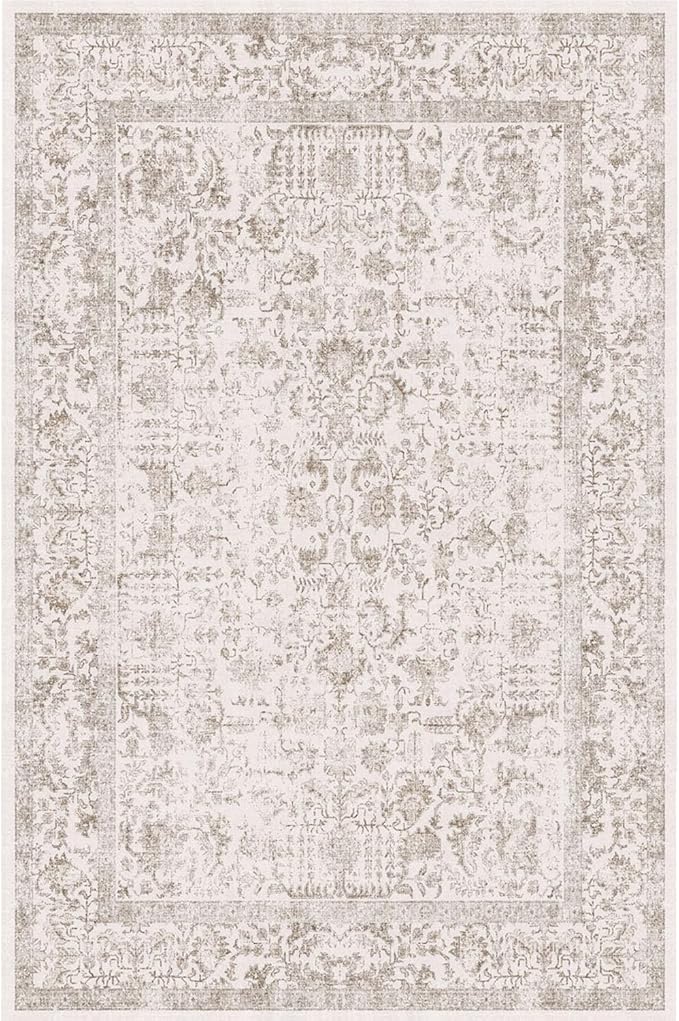 Light Brown Area Rug 10x14 Machine Washable Large Vintage Living Room Distressed Non Slip Carpet Traditional Indoor Bedroom Retro Floral Accent Throw Rug for Office Kitchen Dining Room