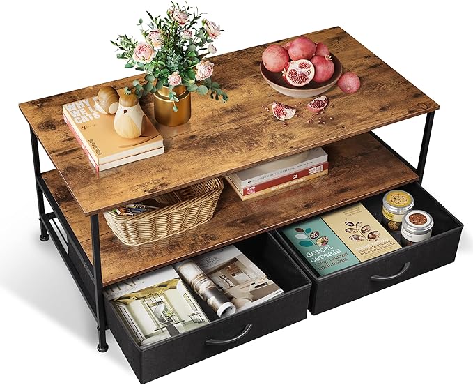 WLIVE Coffee Table, 39" Coffee Table with Storage & Drawers, 2-Tier Wood Center Table for Living Room, Apartment, Bedroom, Metal Table Legs, Rustic Brown
