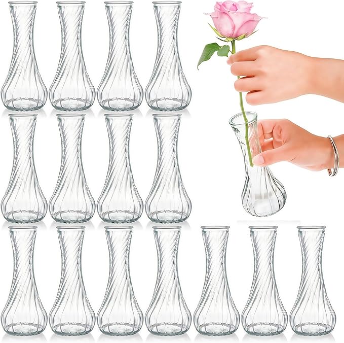 16 Pack Glass Bud Vase, Clear Small Flower Vases in Bulk, Vintage Glass Vases for Centerpieces, Mini Vase Floral Bottle for Rustic Wedding Home Table Decor, Floral Party Arrangements