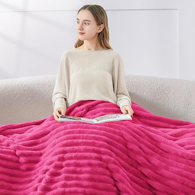 BEDELITE Blankets Queen Size for Bed, 300GSM Soft & Warm Fleece Blanket, Decorative and Giftable Striped Hot Pink Blankets for Women, Men, 90"x90"
