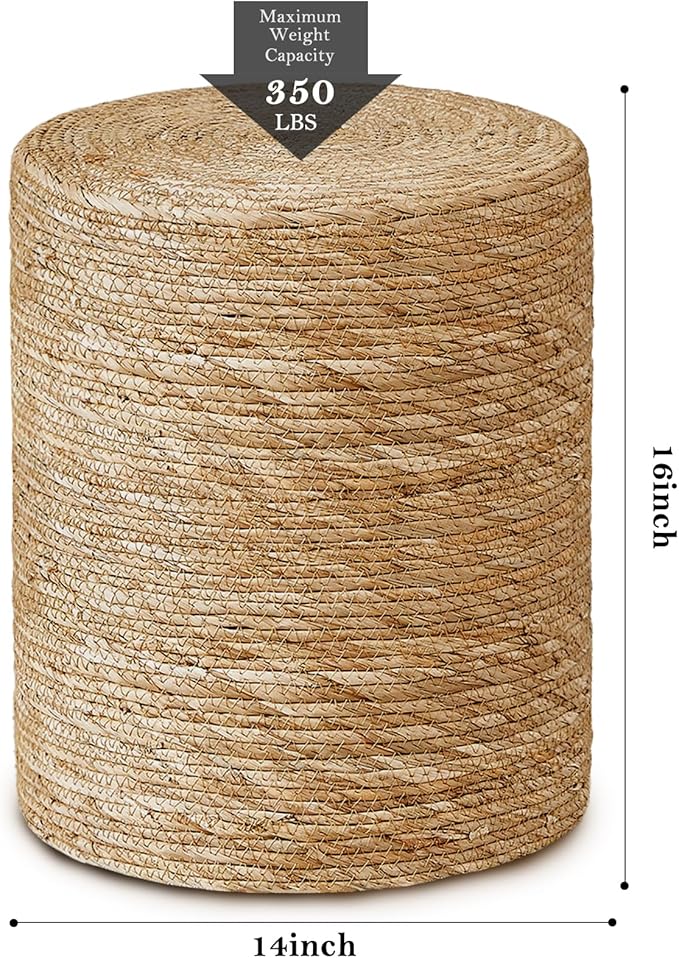 Cplxroc Pouf Ottoman, 100% Handwoven Seagrass Braided Pouffe, Boho Decor Floor Chair for Couch or Desk, Outdoor Ottomans for Garden, Round Footrest with Wood Frame, Home Decorative Seat for Balcony