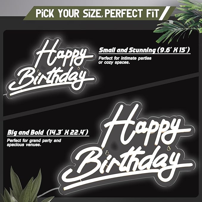 Large "Happy Birthday" Neon Sign, USB & Battery Powered (14.3"x22.4"), Adjustable Brightness, White LED Wall Decor for Parties & Celebrations