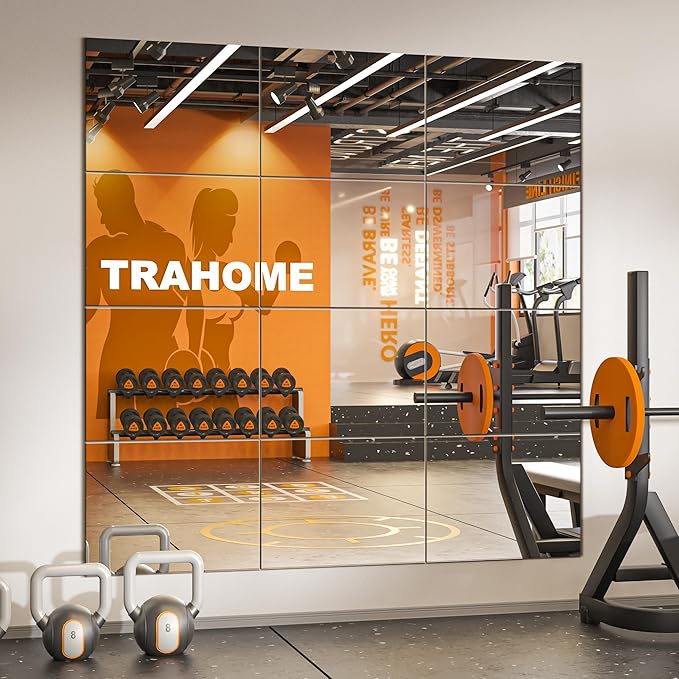Wall Mirror Tiles, 16"x12"x12PCS Full Length Home Gym Mirror for Garage, Bedroom, Living Room, Over The Door