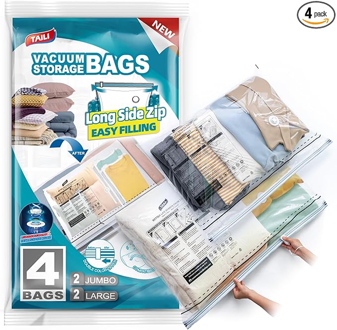 TAILI LONG SIDE ZIP 4 Pack Vacuum Storage Bags, Multi-Size Vacuum Seal Bags for Clothing (2 Large+2 Jumbo), Storage Bulky Beddings, Blankets and Clothes, Space Saver for Closet Organization
