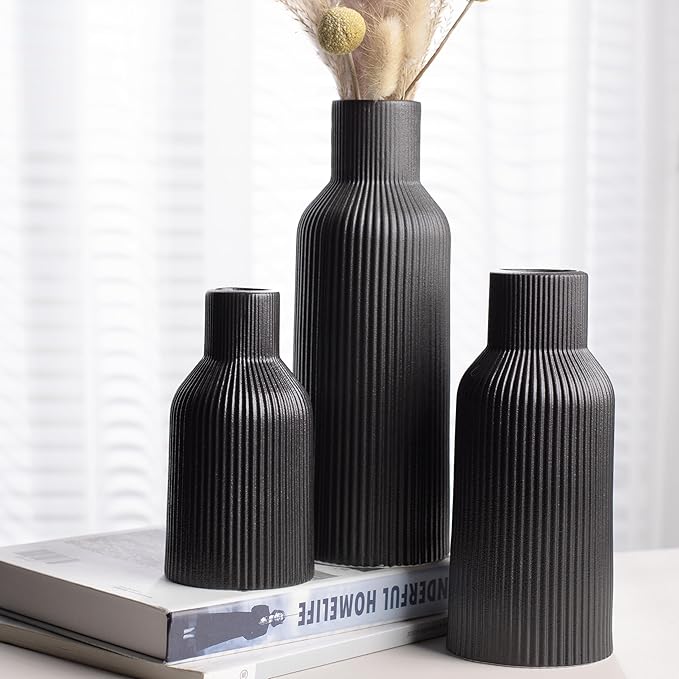 Black Ceramic Vases Set of 3,Farmhouse Decor, Home Decor, Pampas Grass Vases for Kitchen, Bedroom, Office, Living Room, Bathroom, Wedding, Entryway, Table Centerpieces, Gifts Women Mom