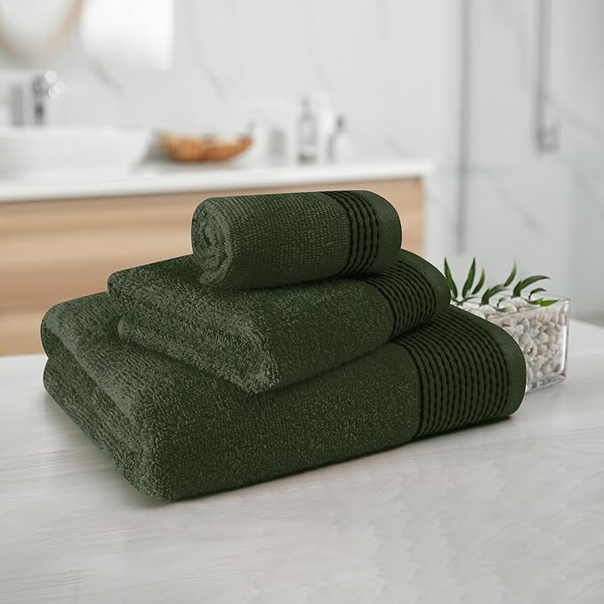 Belizzi Home Ultra Soft 3 Pack Cotton Towel Set, Contains a Bath Towel 28x55 inch, a Hand Towel 16x24 inch & a Wash Coth 12x12 inch, Ideal Everyday use, Compact & Lightweight -Olive Green