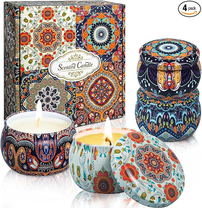 Scented Candles Gift Set for Womem: 4 Pack Package - Aromatherapy Candle Sets,Natural Soy Wax Candle Can Help Stress Relief&Body Relaxation,Very Suitable for Festival,Bath,Yoga.
