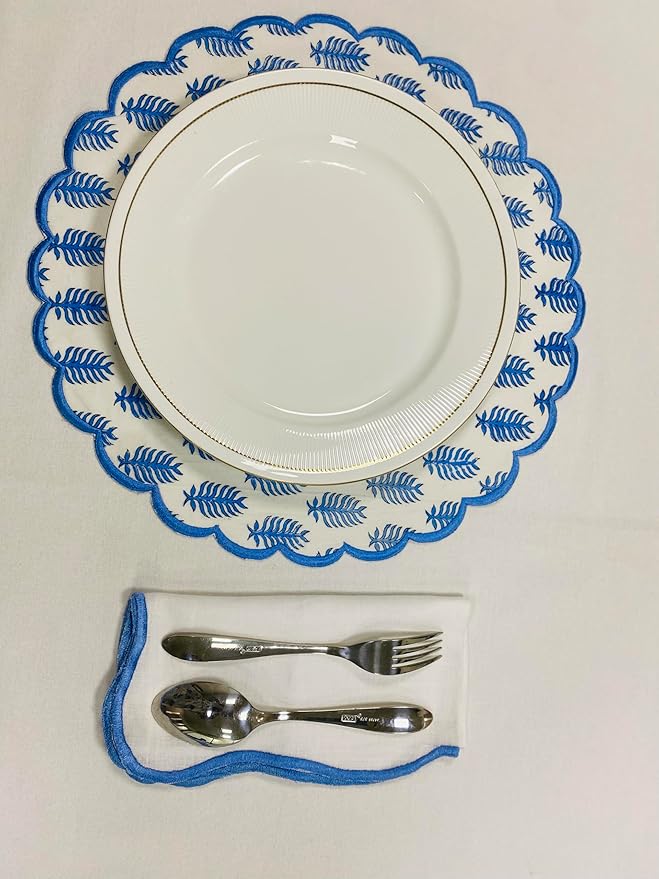 Ridhi Cerulean Blue Bo-ho Round Place Mat Double Layer Floral Cotton Washable Placemats 15" Round Embroidery Block Print Table Mat Pack of 4-15 Inch Round