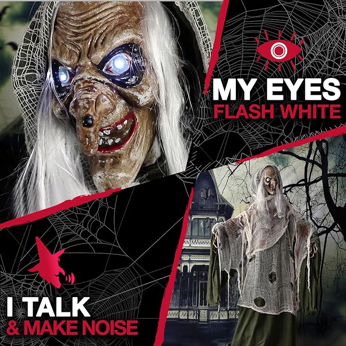 Haunted Hill Farm Life-Size Scary Talking Witch, Animatronic with Touch Activated Lights and Sound, Battery Operated Indoor or Covered Outdoor Decoration, Creepy Halloween Prop