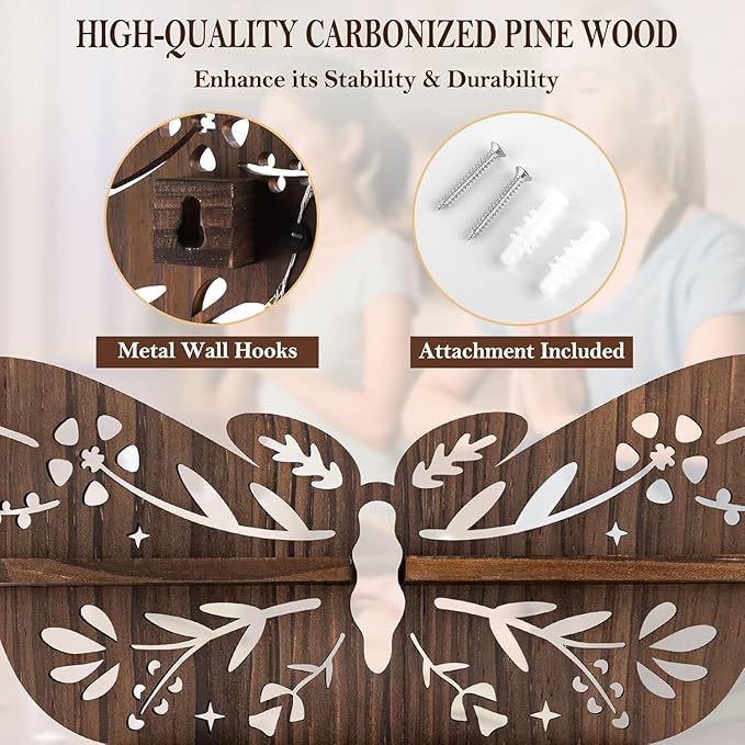 ANROYE Luna Moth Crystal Shelf Display, Boho Pine Wood Wall Floating Shelves with Light for Gem Stone Essential Oil Storage, Bohemian Wooden Butterfly Hanging Witch Rustic Decor Holder