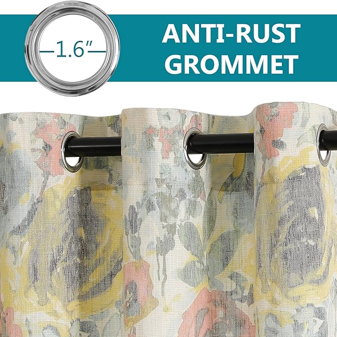 Cotton Curtains 95 Inch for Bedroom Burlap Effect Linen Curtain Draperies for Living Room Vintage Printed Pattern Drapes with Grommet Top Window Drapes,2 Panel, 52 x 95 Inch, Yellow and Natural