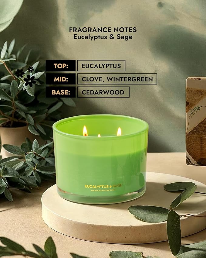96NORTH Luxury Eucalyptus & Sage Soy Candle | Large 3 Wick Jar Candle | Up to 50 Hours Burning Time | 100% Natural Soy Wax | Housewarming Gift for Men and Women