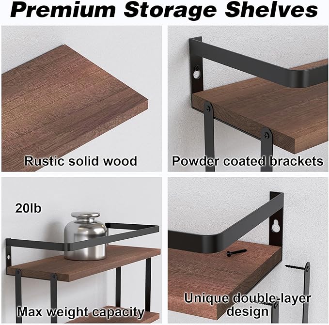 RICHER HOUSE Dual-Level Guardrail Bathroom Shelves, Wood Floating Shelf Wall Mounted, Over Toilet Paper Storage Shelf for Bathroom Wall Decor, Bathroom Organizers and Kitchen Storage - Rustic Brown