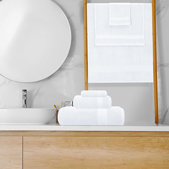 GLAMBURG Ultra Soft 8-Piece Towel Set - 100% Pure Ringspun Cotton, Contains 2 Oversized Bath Towels 27x54, 2 Hand Towels 16x28, 4 Wash Cloths 13x13 - Ideal for Everyday use, Hotel & Spa - White