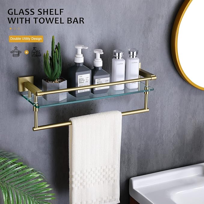 KOKOSIRI Bathroom Shelves with Towel Holder Rustproof 20'' Bathroom Tempered Glass Shelf with Rails Wall Mounted Stainless Steel, Brushed Gold Finish, B1103BG-L20