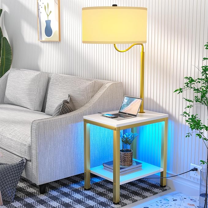 LED Floor Lamp with Table, Side Table with LED Light and Power Outlet, Nightstand with Lamp, End Table with Lamp Attached for Living Room, Bedroom, USB Ports, Bulb Included, White, 2 Pack