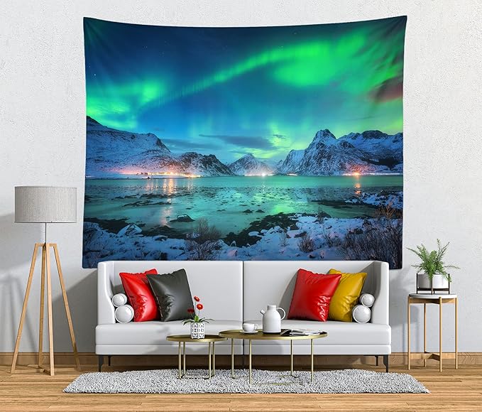 BELECO Northern Lights Wall Hanging - Aurora Borealis Tapestry 92x70 Inch Snow Mountains Lake View Starry Night Norwegian Winter Wall Decor for Living Room Bedroom Dorm