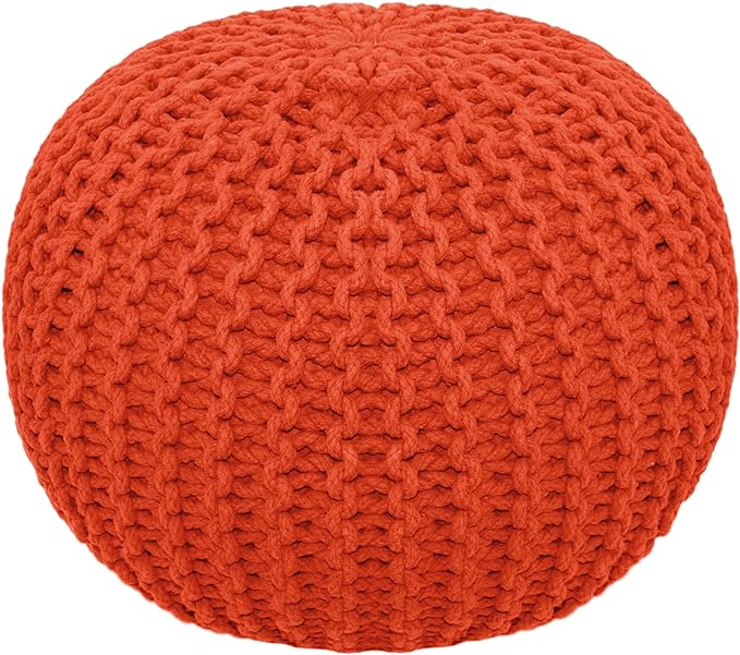 COTTON CRAFT Round Pouf - Hand Knitted Cotton Braid Cord Cable Dori Ottoman - Foot Stool Floor Pouf Footrest Accent Seat Furniture Bean Bag - Living Room Kids Room Nursery Dorm Décor - 20x14 - Orange