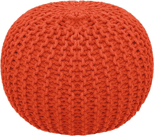 COTTON CRAFT Round Pouf - Hand Knitted Cotton Braid Cord Cable Dori Ottoman - Foot Stool Floor Pouf Footrest Accent Seat Furniture Bean Bag - Living Room Kids Room Nursery Dorm Décor - 20x14 - Orange