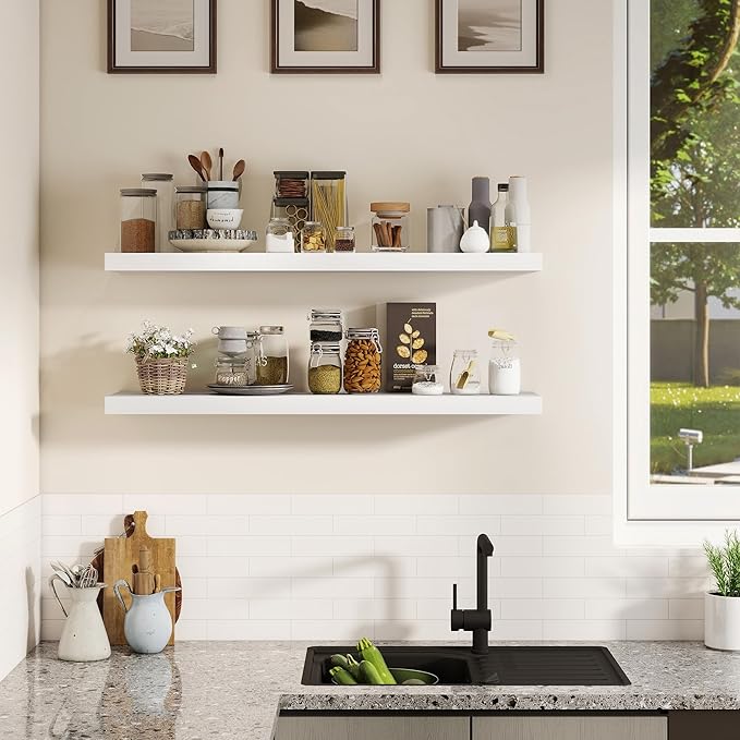 Fun Memories Rustic Real Wood Floating Shelves, 8 Inch Deep Floating Shelf Wall Mounted, 36" W x 8" D Wall Shelves Storage Shelves for Living Room, Bedroom, Bathroom, White Finish, Set of 2