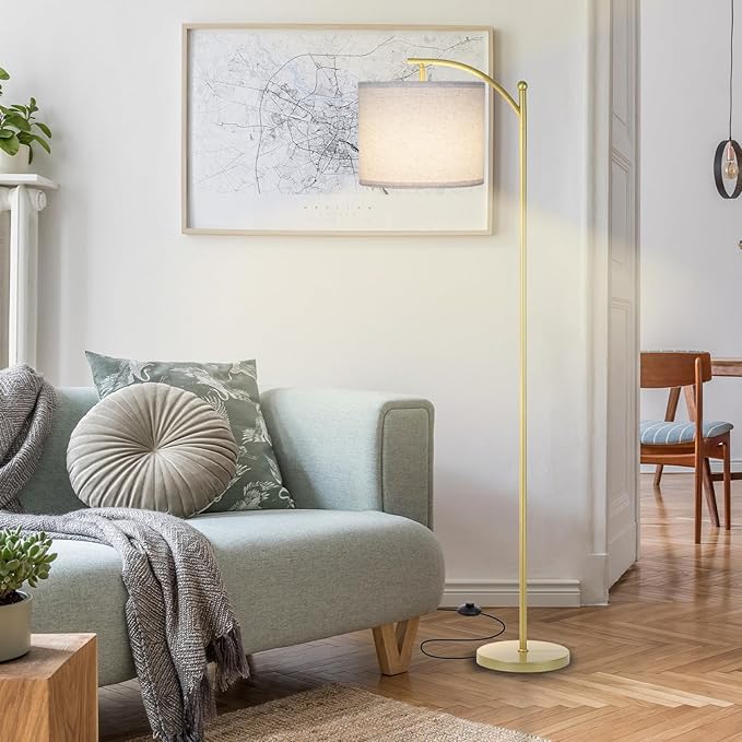 Floor Lamp for Living Room, Dimmable Standing Lamp Tall with Linen Shade Modern Floor Lamps Foot-Step Switch Reading Lamp for Living Room Bedroom Office Dining Room, 9W Bulb Included (Gold)