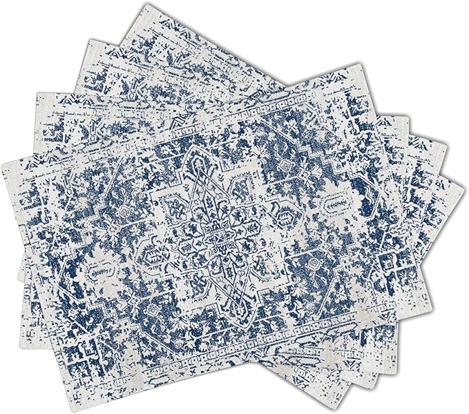 Navy Blue Gray Boho Placemats Set of 4 Ethnic Bohemian Carpet Place Mats Washable Kitchen Dining Vintage Grey Geography Floral Linen Table Mats Stain Heat-Resistant for Home Party Indoor 12x18 in
