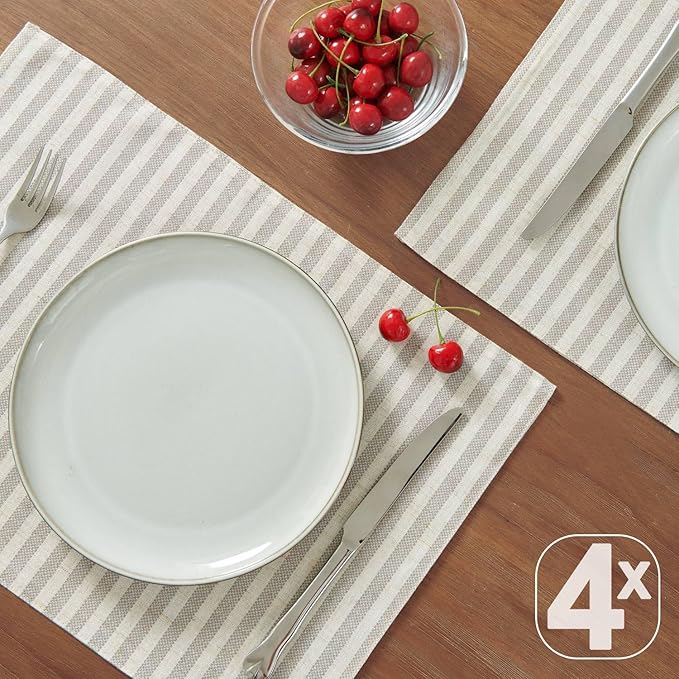 JINCHAN Linen Striped Placemats Set of 4 Gray Farmhouse Cloth Place Mats Sturdy Table Mats Soft Washable Placemats for Kitchen Dining Table Double Layer Heat Resistant Tablemats 13x19 Inch Grey