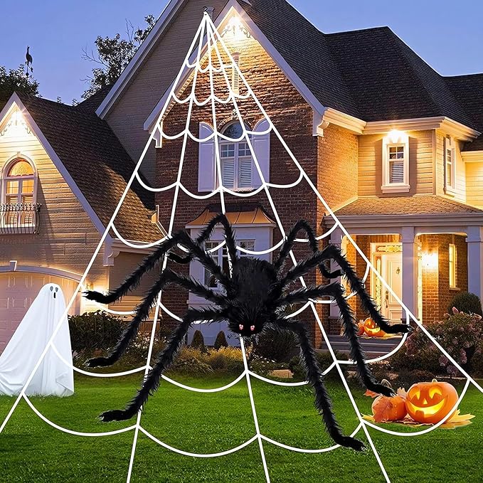 Halloween Decoration Outdoor Spider Web Decor 16ft with Giant Spider and Stretchy Dense Spider Silk Rope and 2 Small Spiders Triangular Huge Spider Web for Yard Outside Indoor