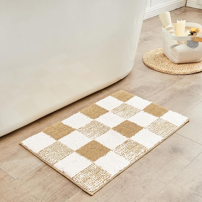 CozeCube Checkered Bath mats for Bathroom Non Slip, Fluffy Absorbent Microfiber Bath mat Washable, Aesthetic Bathroom Rugs, Cute Bath mat for Shower Sink, Beige, 24" x 16"