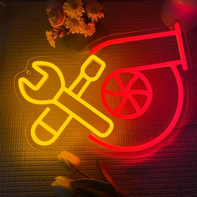 Garage Turbo Neon Light, Wrench Turbo Neon Signs for Wall Decor, LED Turbo Lamp Wall Art Car Garage Decor, Man Cave Auto Room Garage Repair Shop Party Birthday Gift(14.5 * 10.6in)