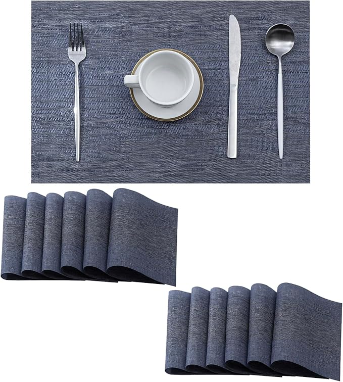 Leetaltree Denim Blue Placemats Set of 12 - Heat Resistant Non-Slip Place mats for Dining Table, Washable Durable PVC Vinyl Woven Table Mats(Denim Blue, 12)