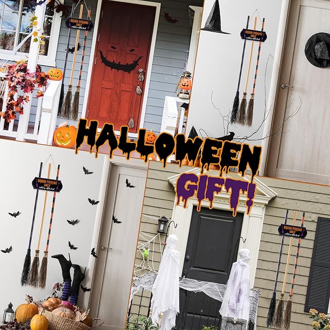 Porch Halloween Decorations - Halloween Broom Parking Sign with 3 Wooden Witches Brooms Decor - Witches Decoration Sign for Home Indoor Outdoor Front Porch Wall Office