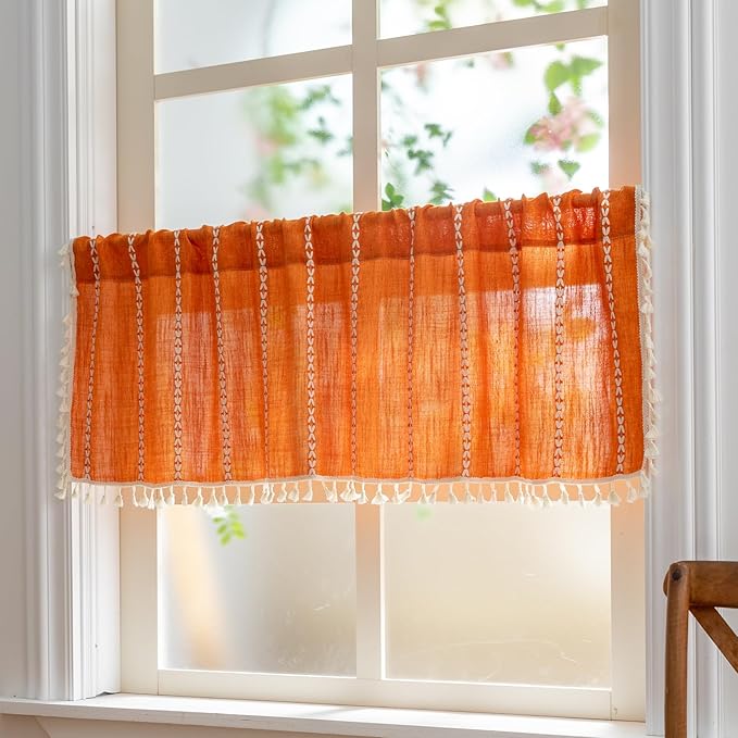Sutuo Home Boho Kitchen Curtains Valance for Windows, Bohemian Short Curtains Light Filtering Farmhouse Vintage Tassels Window Treatment Embroidery Drape, Rod Pocket 1 Panel 52" W x 18" L, Orange