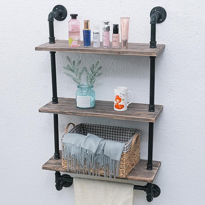 Industrial Pipe Shelf,Rustic Wall Shelf with Towel Bar,24" Towel Racks for Bathroom,3 Tiered Pipe Shelves Wood Shelf Shelving