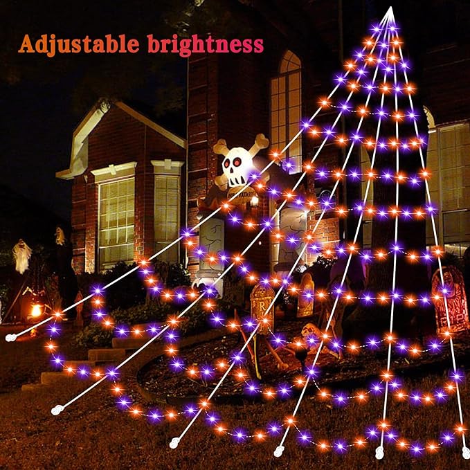 Halloween Decoration Spider Web with 350 LEDs, Adjust Brightness, 8 Light Modes, Giant Light Up Spiderweb 22.96FT(Orange+Purple), Halloween Outdoor Yard Lawn Scary Decor