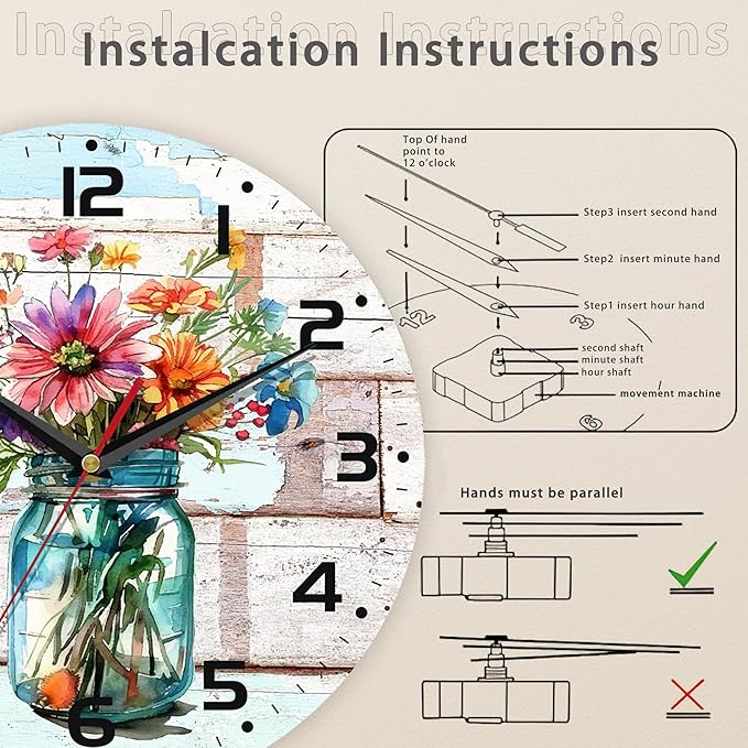 Watercolor Spring Flower Wall Clock, Vintage Wooden Silent Non-Ticking Battery Operated with Arabic Numerals, Decorative for Kitchen, Office, 10 Inch