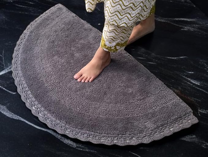 Half Circle Bohemian Bathroom Rug with Handwoven Chrochet Border, Beautifully Handcrafted 100% Cotton Mat - 22x42, Round Boho Bedroom Rug, Boho Bathroom Décor, Machine Washable Grey