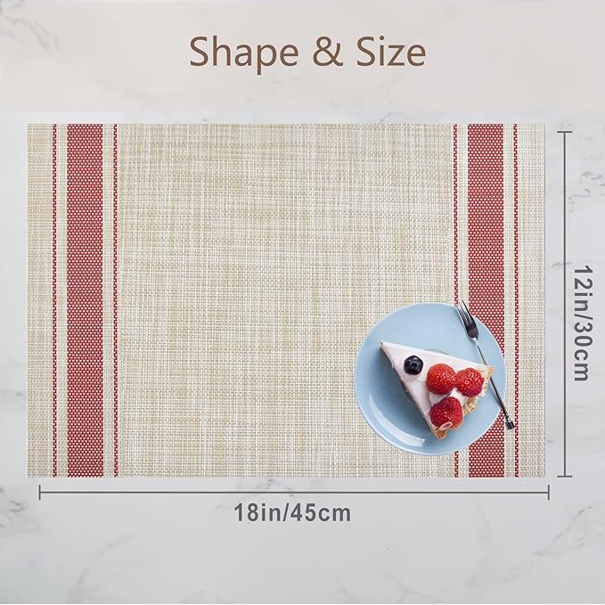 DACHUI Placemats Set of 6, Soft & Elegant Woven Vinyl Place Mats, Water Resistant, Heat Resistant, Washable, Durable Table Mats (Red Stripes)