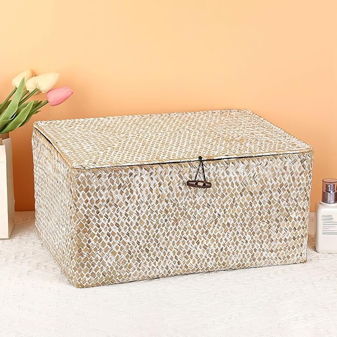 Hipiwe Wicker Woven Baskets Bin with Lid Natural Seagrass Basket Storage Bin Rectangular Household Basket for Shelf Wardrobe Home Decor, Whitewash, X-Large
