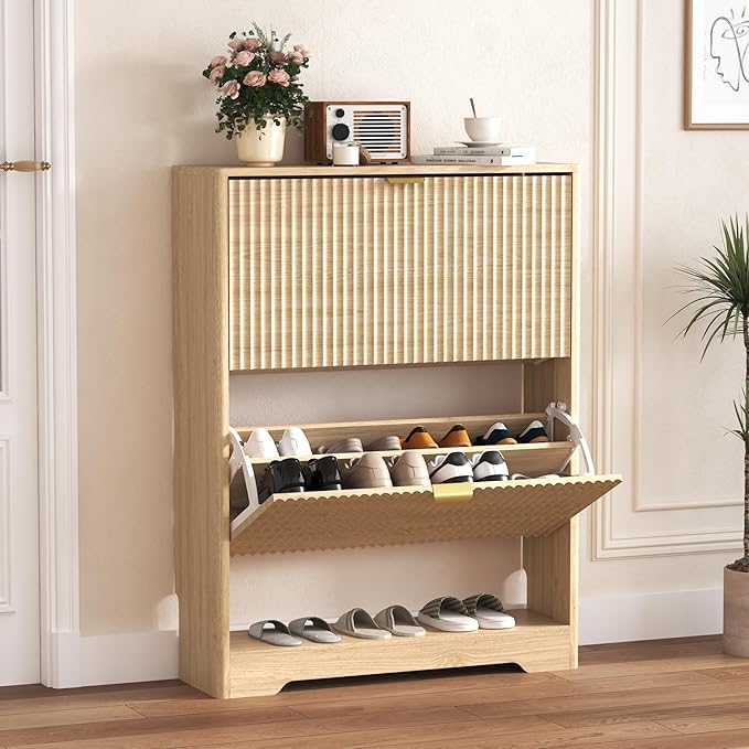 Shoe Cabinet Storage for Entryway with 2 Flip Drawers, Oak Fluted Shoe Cabinet with Open Storage, Wooden Hidden Shoe Rack Freestanding Narrow Slim Shoes Organizer for Hallway, Entrance