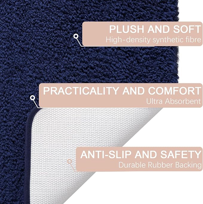 AROGAN Luxury Long Bathroom Runner Rug, 24x48 Inch Thick Soft and Absorbent Microfiber Non Slip Bath Mat, Rubber Backing Quick Dry Rugs Carpets, Machine Washable Plush Mats for Shower Floor, Navy Blue