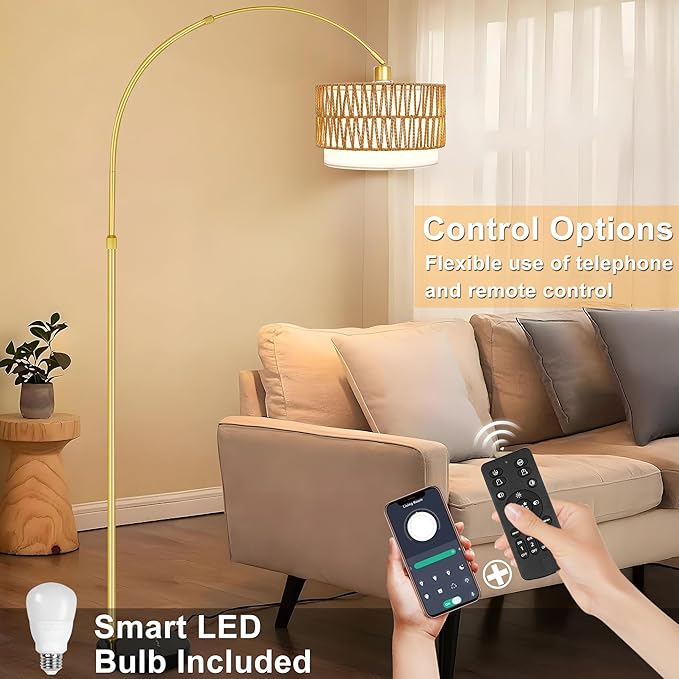 Rattan Floor Lamp for Living Room Arc Boho Floor Lamp with Rattan & Linen Double Shades Adjustable Tall Wicker Lamps with 3 Color Temperatures for Bedroom Office Reading,Gold