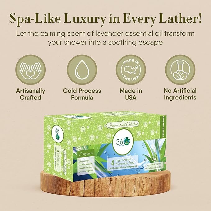 360Feel Fresh Handmade Soap Gift Set - Nourishing and Hydrating Set of Bar Soap - Infused with Four Refreshing Scents Aloe Vera, Cotton Blossom, Spring Scrub, and Cool Water - Set of 4