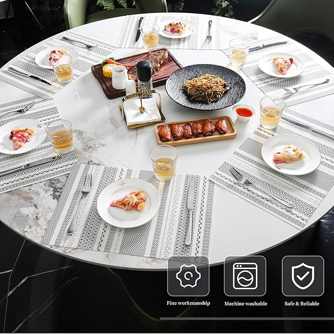 Vinyl Plastic Placemats Set of 6 Washable Heat Resistant Non-Slip Elegant Indoor Outdoor Kitchen Dining PVC Woven Table Place Mats (Dark Grey Striped Silver Wire)