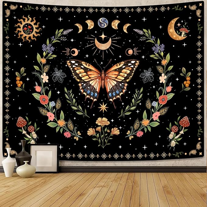 Lunerfex Boho Butterfly Tapestry Flower Moon Wall Tapestry, Moon Phases Tapestries for Bedroom Cute Tapestries Wall Hanging for Bedroom Living Room Wall Decor Butterfly-1 70"x90"