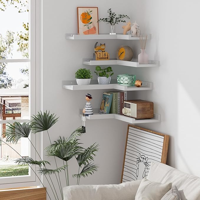 4 Tier Corner Wall Shelf, Floating Shelves with Lip, White Modern Corner Shelves Wall Mounted, Solid Pine Wood L Shaped Shelf for Living Room, Bedroom, Bathroom, Home Storage