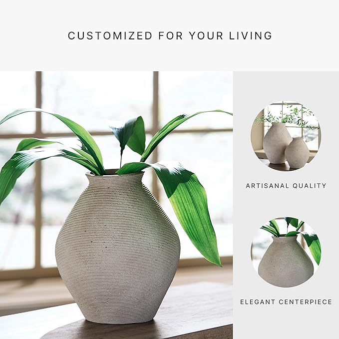 Signature Design by Ashley Hannela 12" Modern Distressed Polyresin Vase, Antique Tan