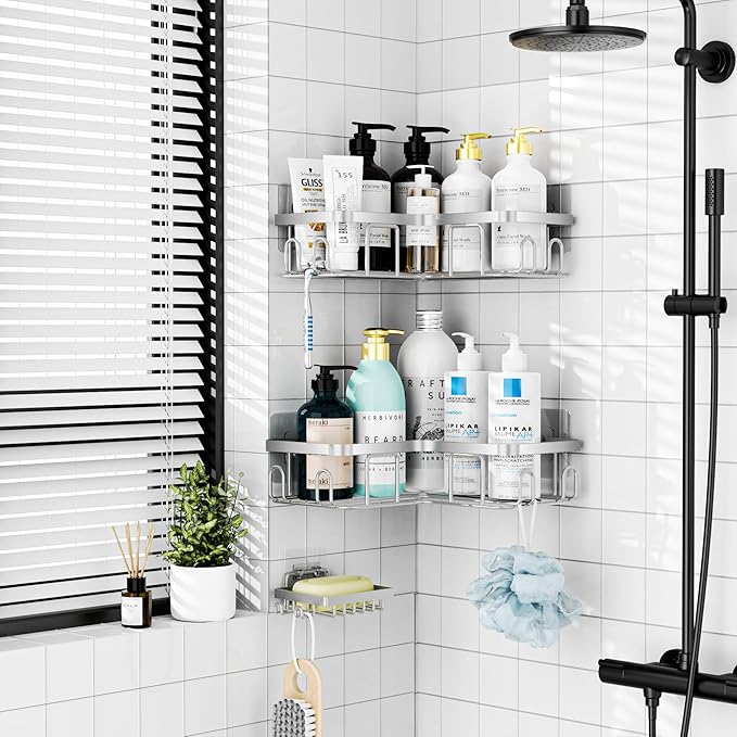 Moforoco Corner Shower Caddy Shelf Organizer Rack, Self Adhesive Black Bathroom Shelves Basket, Home Farmhouse Wall Inside Organization and Storage Decor Rv Accessories, Apartment Essentials