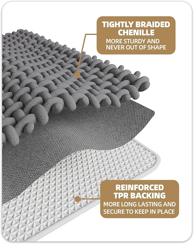 Color&Geometry Chenille Pile Long Bathroom Runner Rugs Upgraded Denser, 24"x47" Non Slip Absorbent Grey Bath Mats for Bathroom, Washable Shower Mat Outside Shower Quick Dry